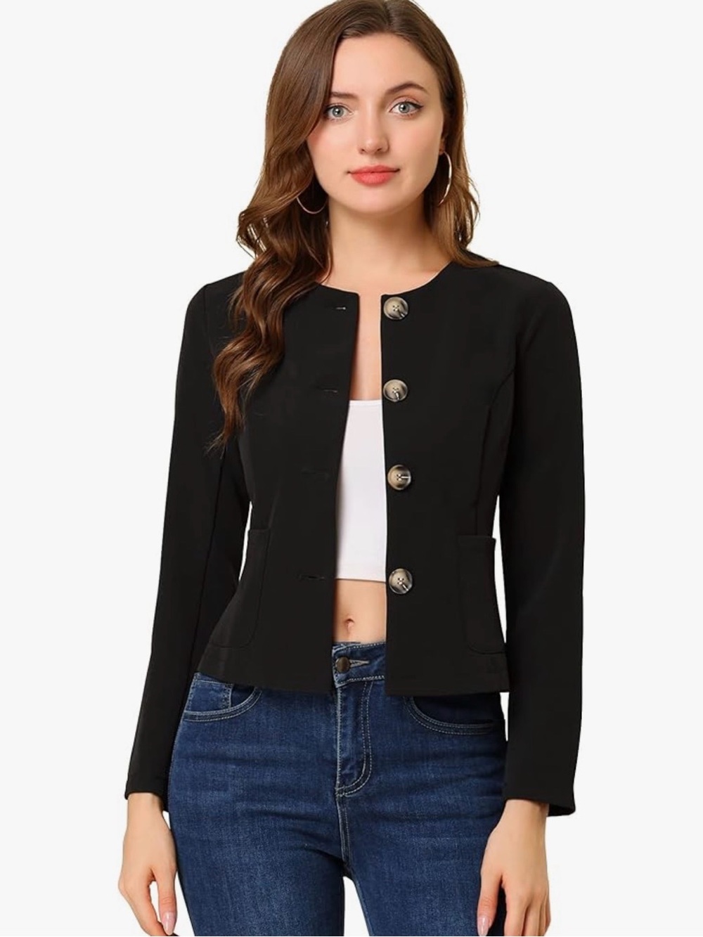 Black Round-Neck Buttoned Blazer Jacket